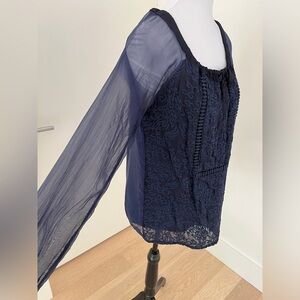 ELENA BALDI Sheer Silk Peasant Navy Blue Blouse Lined  Front Embroidery Low Neck